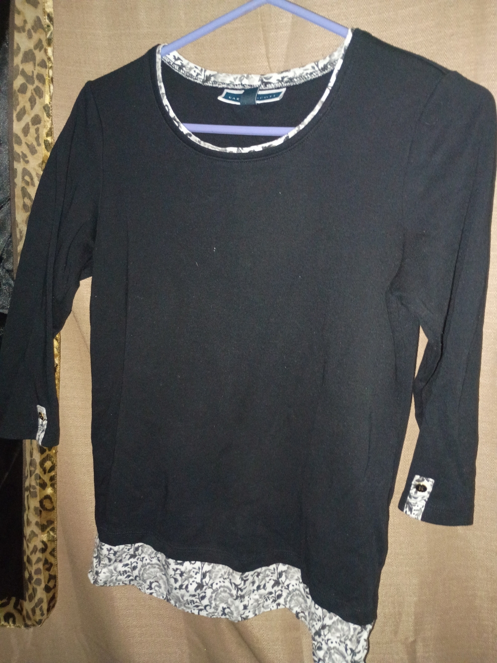 Karen Scott Black Layered-Look Long Sleeve Top with White Pattern Trim